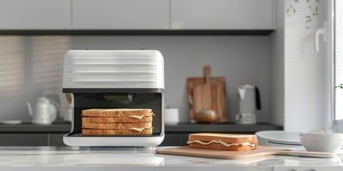 A toaster sits on top of a kitchen counter
