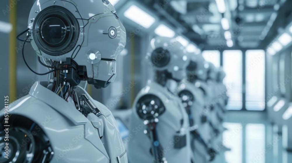 Poster a group of robots standing together in a room