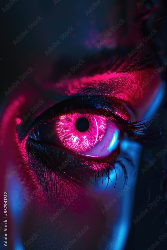 Poster a detailed view of an individual's eye illuminated by a bright red light, suitable for use in medica