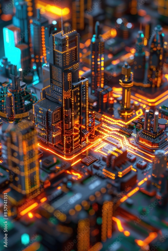Poster a nighttime view of a city with buildings and streets lit up, possibly suitable for use in urban pla