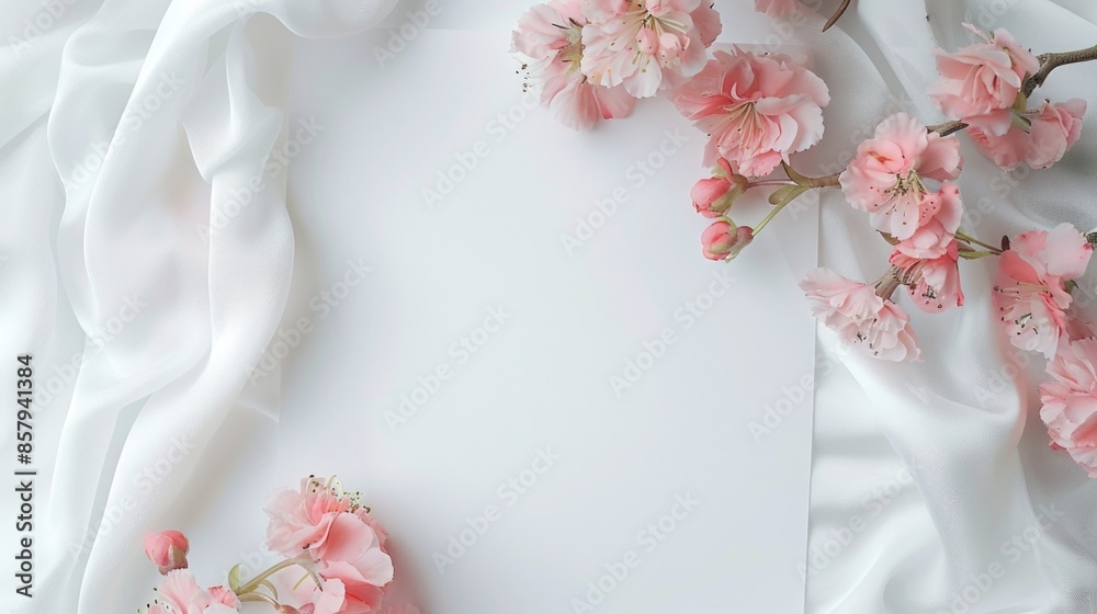 Poster white sheet with pink flowers arranged on top, simple yet elegant design for various uses