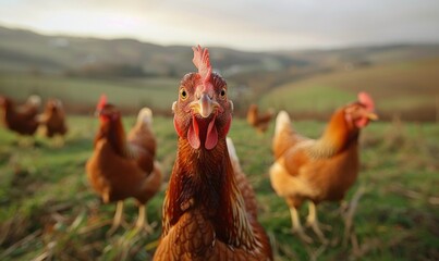 Chickens Grazing in Green Pasture on a Sunny Day