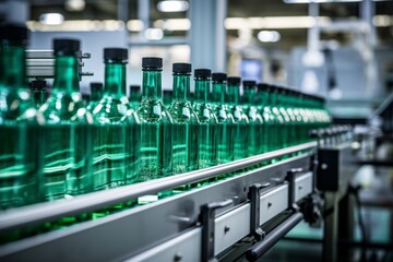 Automated bottling machine filling glass bottles with blue liquid on a production line in a factory