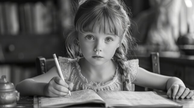 Young Girl Writing in Notebook at Rustic Table. International Dysgraphia Awareness Day