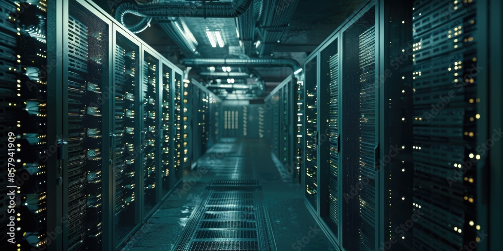 Poster A row of servers in a modern server room with a gray background and network cables