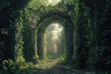 Lush green forest with an archway in the middle, suitable for landscape or nature photography