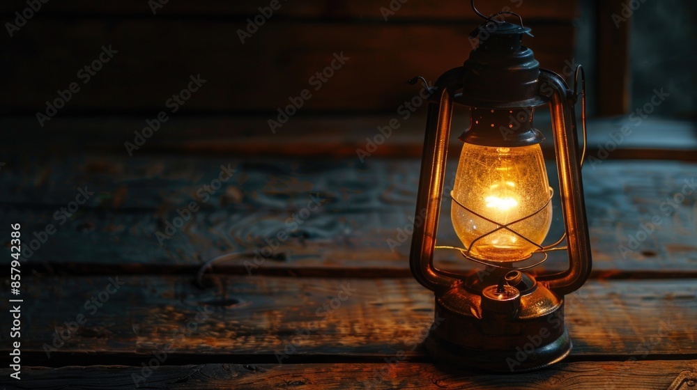 Poster a single old fashioned lantern is lit up on a wooden table, perfect for adding ambiance to any scene