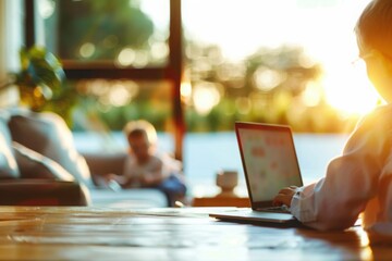 A remote worker on a laptop while their child plays nearby, capturing the balance of work and family life,