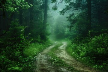 Fototapeta premium A winding dirt path through dense forest foliage