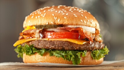 Delicious Hamburger Served on Wooden Table.