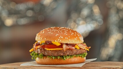 Delicious Hamburger Served on Wooden Table.