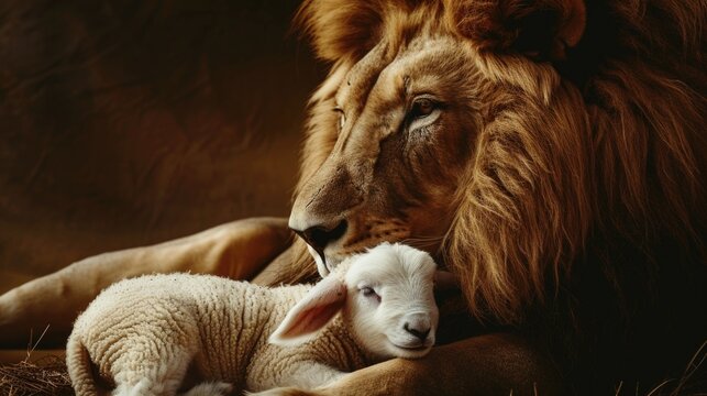 A lion lies down next to a baby lamb, showcasing a rare moment of calm between predator and prey