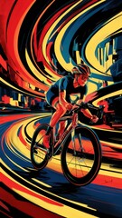 Fototapeta premium Dynamic Cyclist Racing Through Vibrant Abstract Cityscape with Swirling Light Trails