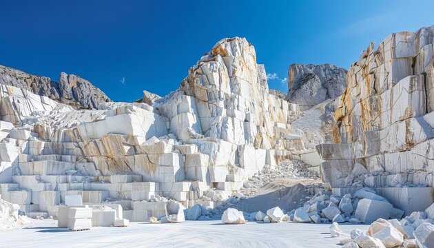 A marble quarry, with its white, gleaming rock faces, under a clear blue sky.