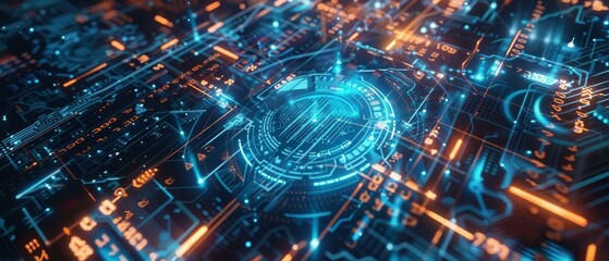 Fototapeta premium A mesmerizing birds-eye view of a futuristic password interface, with glowing elements in a digital painting style,