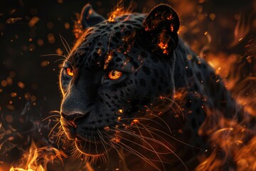 A close-up shot of a leopard's face engulfed in flames