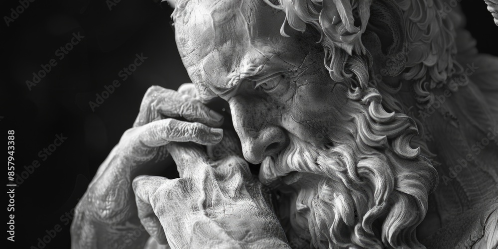 Poster a detailed view of a bearded statue's face, perfect for use in historical or cultural context