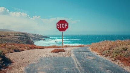 A red stop sign stands at the end of a road overlooking a vast blue ocean and a rocky coastline.