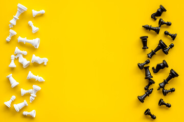 Black and white chess pieces, top view. Success and winning the competition concept