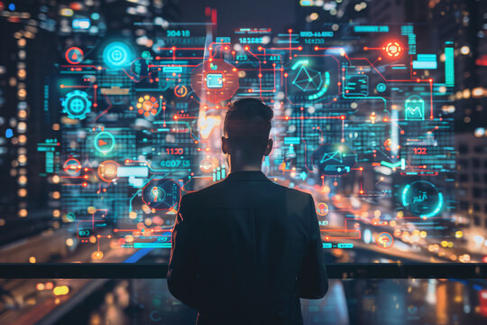 Businessman with big data and technology icons on digital screen, view of city landscape background, futuristic business concept. Man in white shirt standing with his back to the camera watching a gl - Powered by Adobe