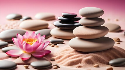 Zen stones, velvet sand and lotus flower on pink background witn copy space, wellness and harmony, massage and bodycare, spa and wellness concept