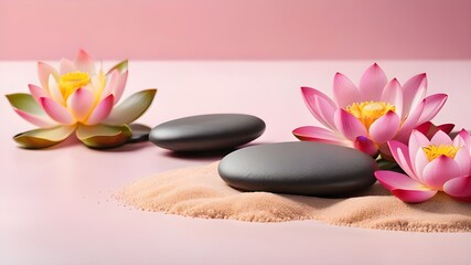 Zen stones, velvet sand and lotus flower on pink background witn copy space, wellness and harmony, massage and bodycare, spa and wellness concept