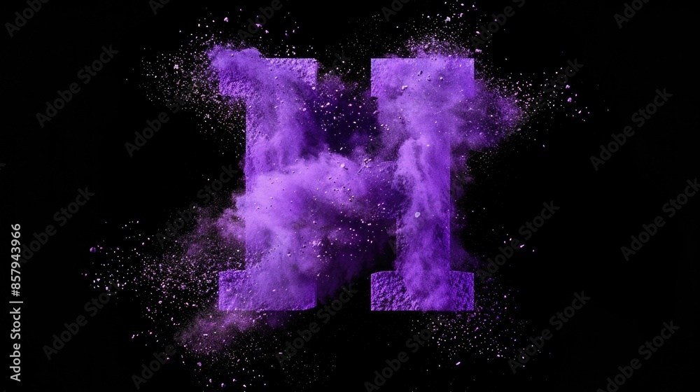 Poster a close-up of a purple powdered letter h on a black background, ideal for use in designs and graphic