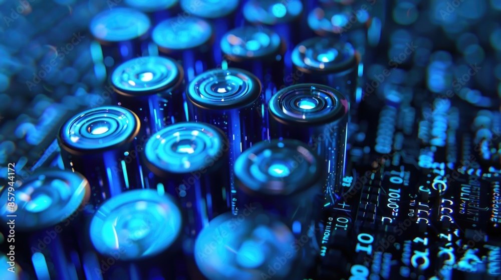 Poster a pile of batteries sitting on top of a computer motherboard, useful for illustrations about technol