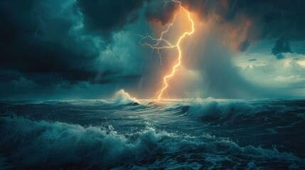 Dramatic ocean storm with powerful lightning striking amidst turbulent waves and dark ominous clouds.