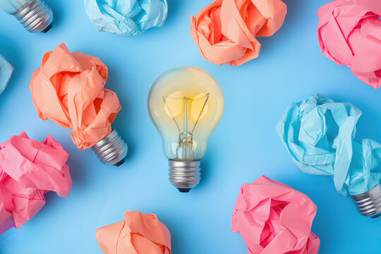 Creativity Concept with Light Bulb and Crumpled Color Paper on Blue Background. World Creativity and Innovation Day, Innovation Week, National Creativity Month, National Ideas Swap Day Celebration. - Powered by Adobe