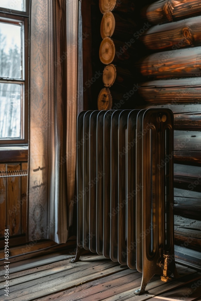 Poster A radiator sitting in front of a window, suitable for use in interior design or architecture settings