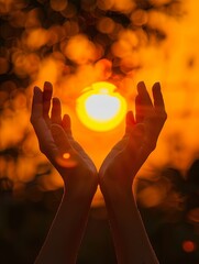Woman clasps hands in prayer under the sun