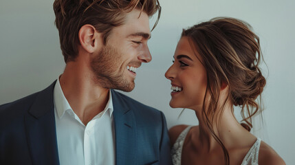 Naklejka premium Wedding Caucasian couple gazing into each others eyes with joy