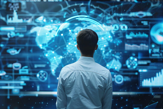Businessman with big data and technology icons on digital screen, view of city landscape background, futuristic business concept. Man in white shirt standing with his back to the camera watching a gl - Powered by Adobe