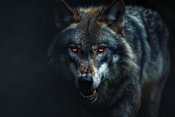 Obraz premium A close-up view of a wolf's face with bright red eyes, great for horror or fantasy themes