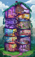 Whimsical Multi-Story House with Spiral Staircase and Colorful Interior Rooms in Lush Green Landscape