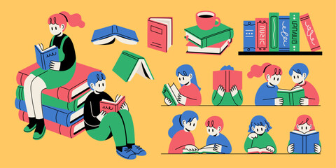 Vector illustration set of people reading and books