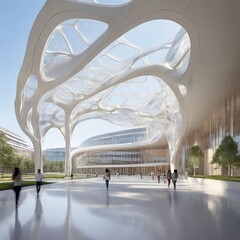 Obraz premium Amidst a campus of innovation, a university building with transparent architecture and sustainable materials symbolizes transparency, openness, and forward-thinking in education.