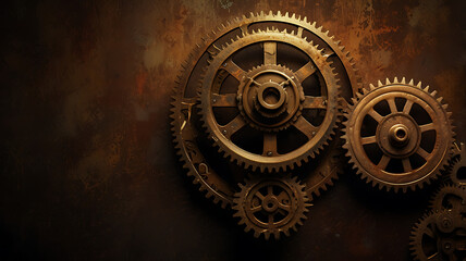 Some old brass metal gears background on the rusty steam punk background and with copy space style.
