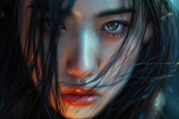 Portrait of a young woman with long hair, ideal for editorial or commercial use