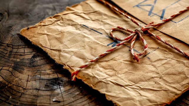 Old, textured envelope tied with red and white string resting on a wooden surface, reminiscent of vintage or nostalgic themes.