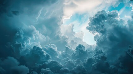 Fototapeta premium A plane flies through a cloudy sky with white puffy clouds