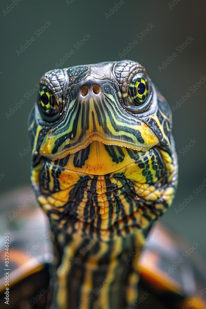 Poster A close-up shot of a turtle's face with a blurred background, suitable for use in educational or conservation contexts