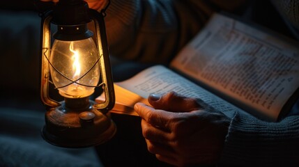 A person reading a book while holding a lantern in the dark