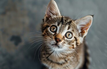 Fototapeta premium Close Up Of Tabby Kitten Looking Up With Curious Expression