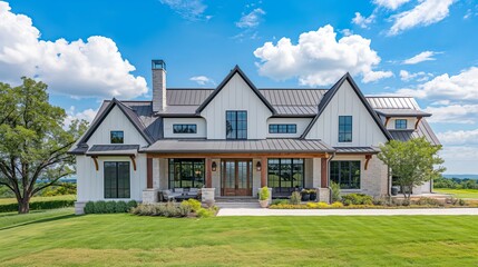 A grand, modern farmhouse basks in bright sunlight, showcasing its elegant white facade and sprawling green lawn.