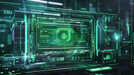 Fototapeta premium Green Technology Background with Virtual Screen Frame: Game Interface Design Template