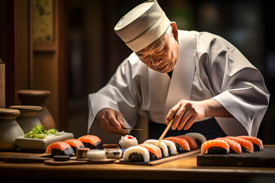 Japanese sushiman preparing sushi