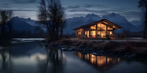 Fototapeta premium Riverside Cabin at Dusk A Cozy Retreat with Mountain Views. Concept Cabin Retreat, Riverside, Dusk, Mountain Views, Cozy Atmosphere