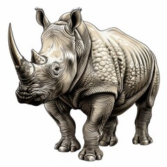 Fototapeta premium Stoic rhinoceros, horn prominent, skin textured like armor, hand-drawn on a white background.